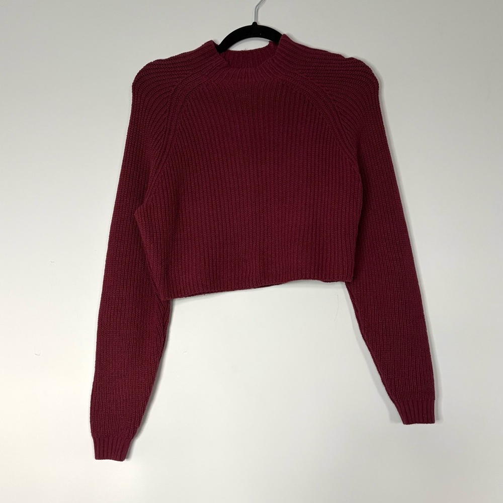 New Hollister Maroon Cropped Knit Mock Neck Sweater Long Sleeve Size S Classic